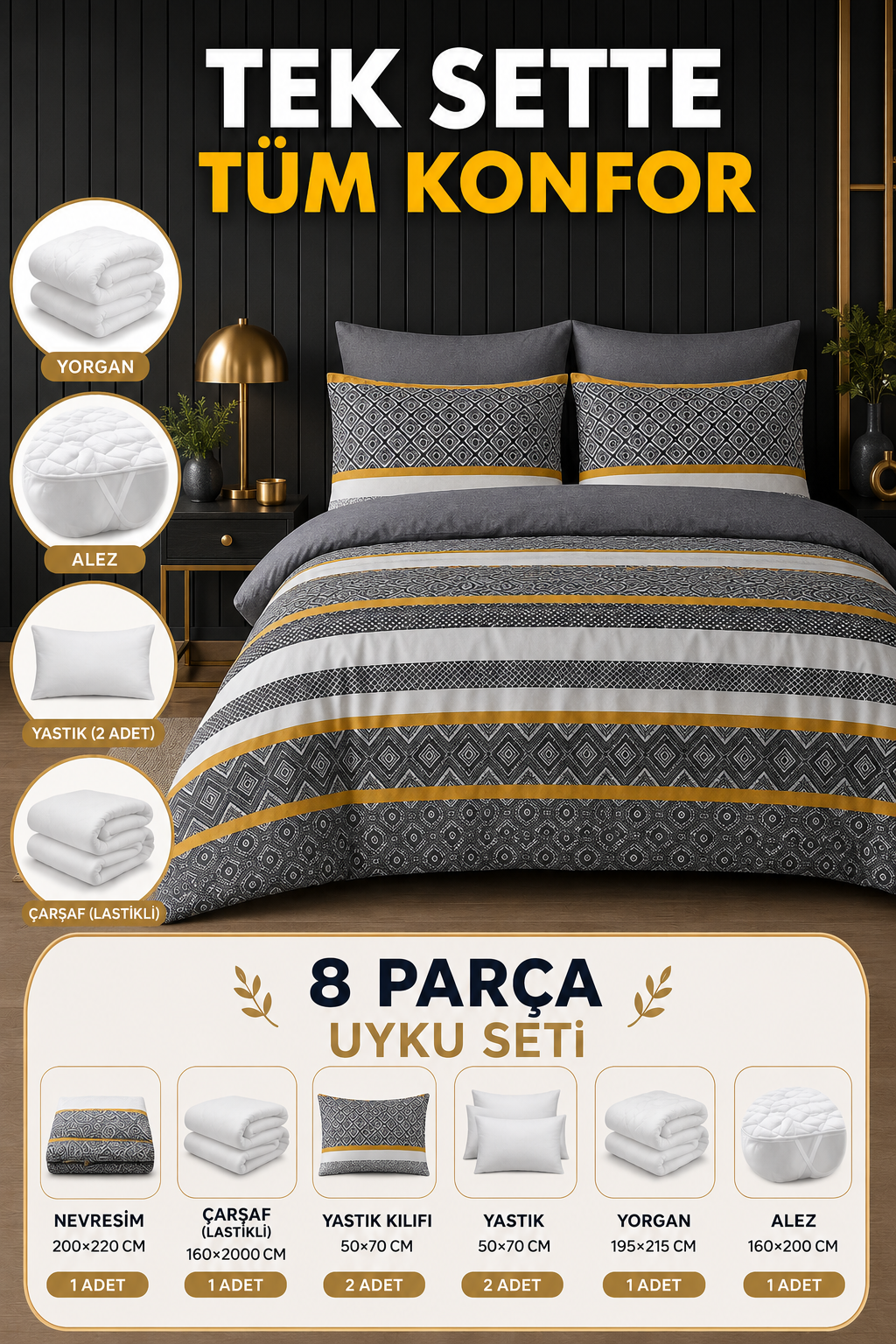 Sarı Detay 8 Parça Uyku Seti