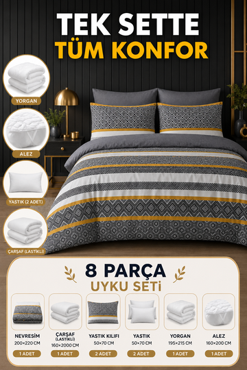 Sarı Detay 8 Parça Uyku Seti